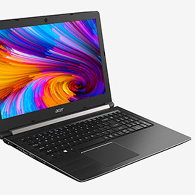 The Aspire 5 open and facing to the right with a colorful swirling graphic on-screen