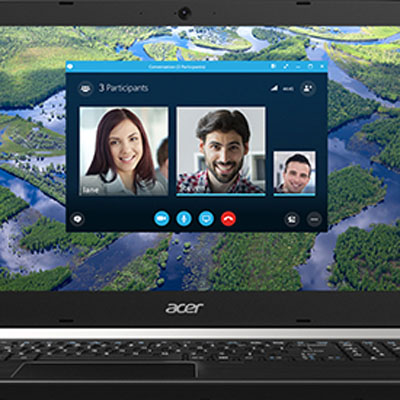 The aspire 5 screen showing a face-to-face web call with three people
