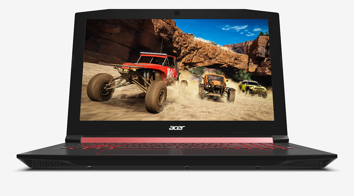 Acer NITRO 5 open and facing forward with a screenshot of dirt roadsters going through a canyon