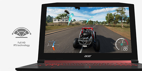 Acer NITRO 5 open, facing forward with a screenshot of a racing game on screen and a Full HD IPS technology icon to the left of the laptop