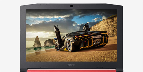 Acer NITRO 5 screen showing a black and yellow ferrari on a cliffside beach