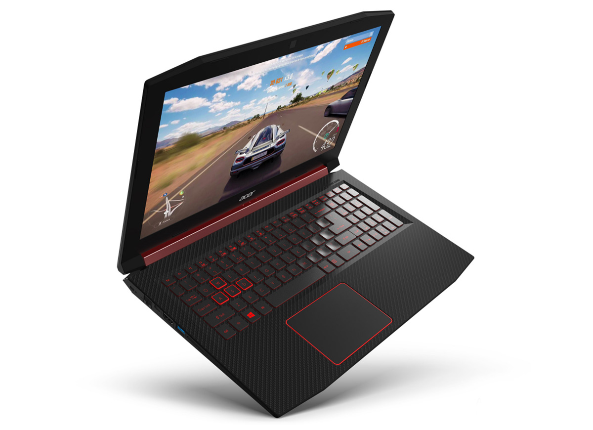 Acer NITRO 5 open, standing on its corner angled down to the right