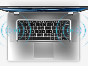   Top view of an opened Acer Chromebook 315. Speaker grille at located at left and right side of keyboard with ripple symbols on each speaker grille 