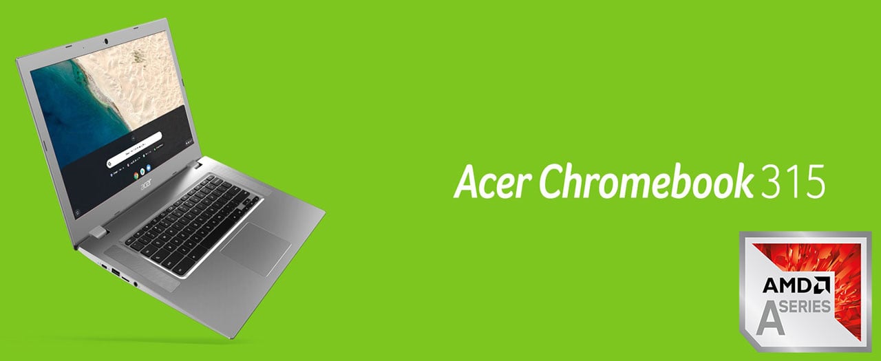  At the left part of the picture is front left side angle view of the Acer Chromebook 315. Next to it on the right are texts reading as “Acer Chromebook 315”. At the bottom right corner is logo of AMD A series processor  