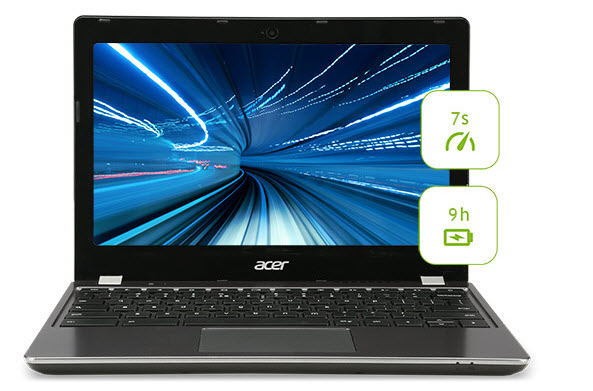 the front view of Acer Chromebook 11 C740 along side with two battery icons