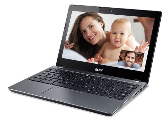 Acer Chromebook 11 C740 shoing a man and a woman with her baby are having video chats