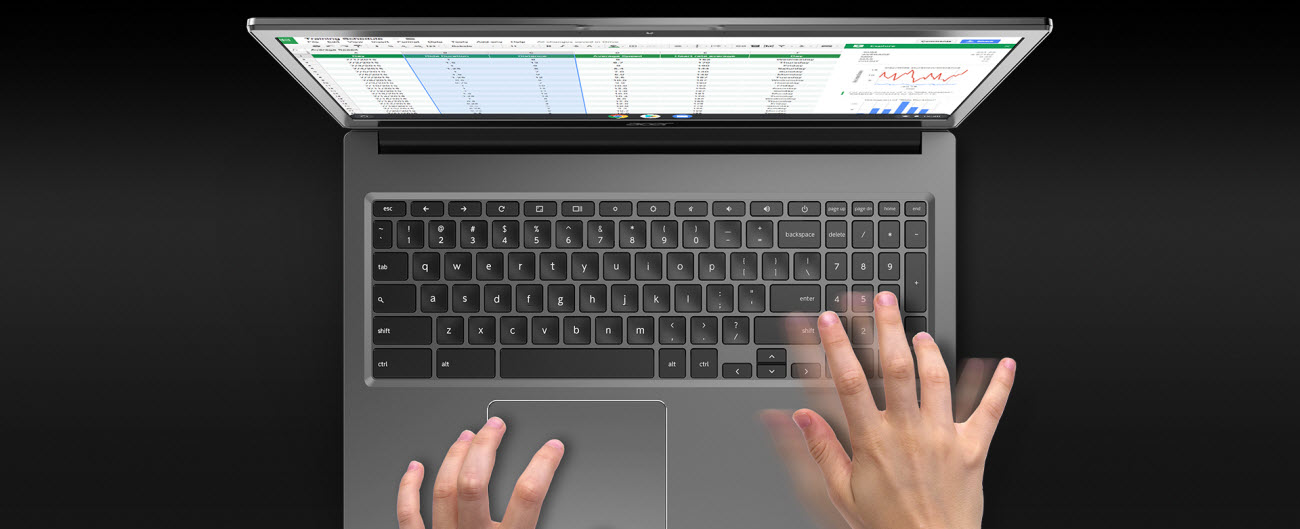 a pair of hands typing using Acer Chromebook 715 keypad