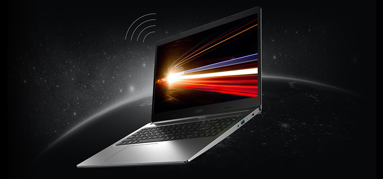 A laptop against a planet background has wirless signals transmitted