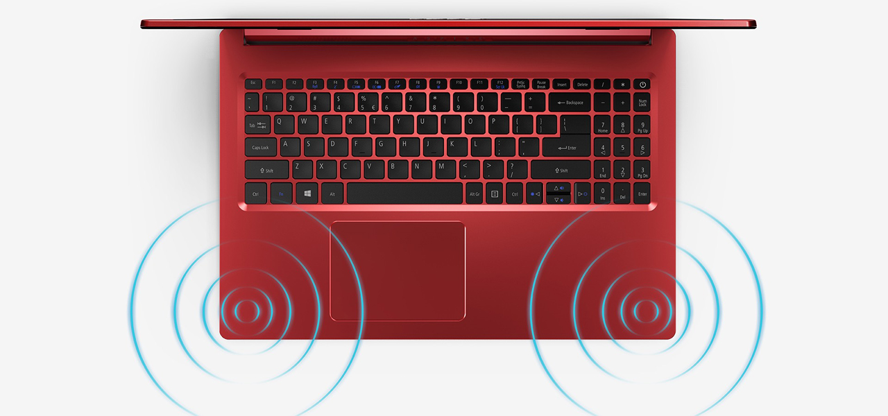 A laptop has sound waves projeting out