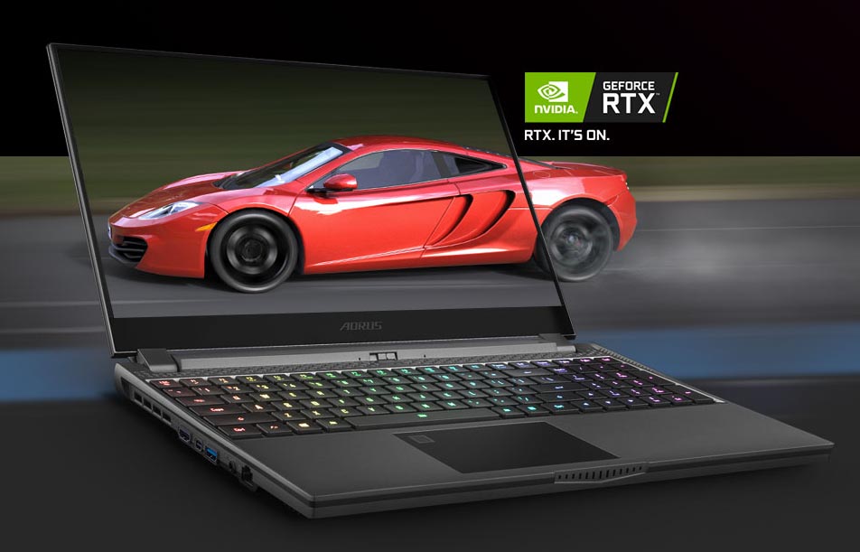 A high resolution car image on Aorus 17G's screen. Beside it is NVIDIA RTX logo. Text says: RTX. IT'S ON.
