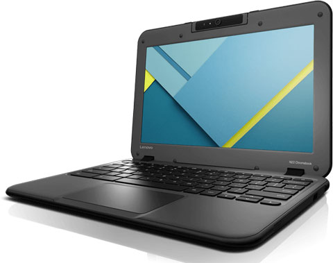 Front right side angle view of an opened N22 Chromebook   