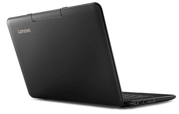 An opened laptop is tilted to the right to show the back of the lid, leftside and the keyboard.