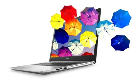 Open Dell Laptop Angled to the Left with Colorful Umbrellas Coming Out of the Screen to the Right