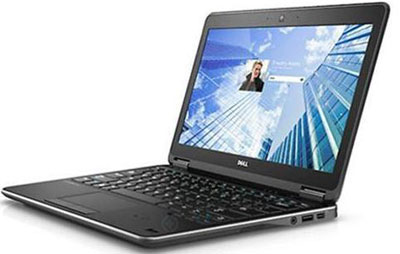   Front right side angle view of an opened Latitude E7240, with screen showing Logon interface 