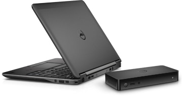  Rear left side angle view of an half opened Latitude E7240, with a docking station next to it on the right  