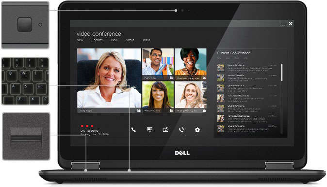  Front view of an opened Latitude E7240, with screen running a video conference. Next to it on the left is closeup of camera, keyboard, and fingerprint sensor  