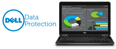  Front view of an opened Latitude E7240, with screen showing chart graph. Next to it on the left is logo of Dell Data Protection  