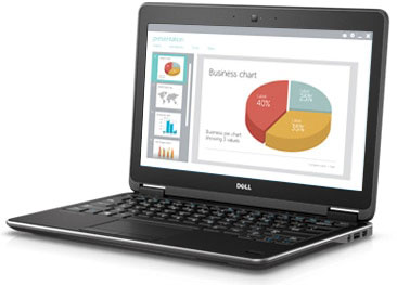   Front right side angle view of an opened Latitude E7240, with screen showing PPT  