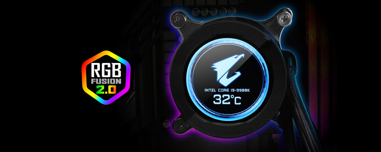 the LCD display showing CPU status and AORUS Falcon logo