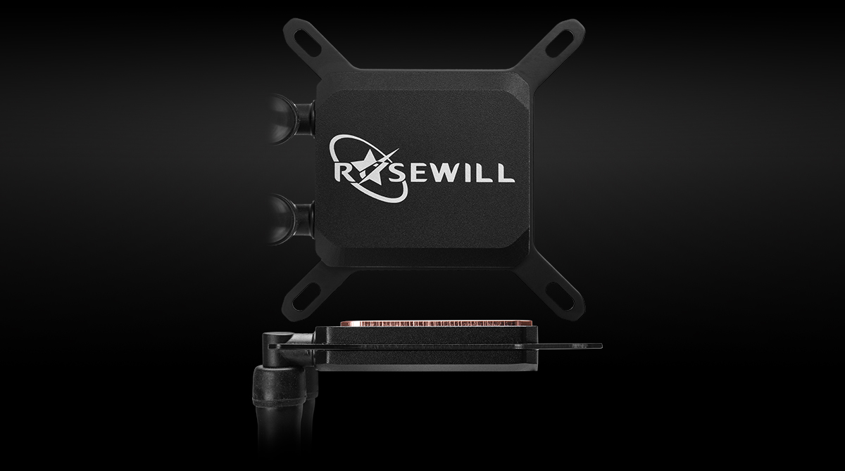 Closeup of the Rosewill Liquid CPU Cooler's Performance Copper Base Facing Up and Facing Forward