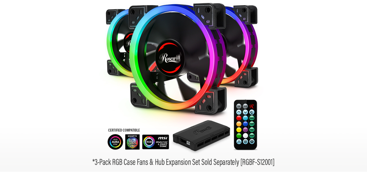 Banner showing the 3-pack of RGB-lit case fans along with the separately-sold fan hub and remote