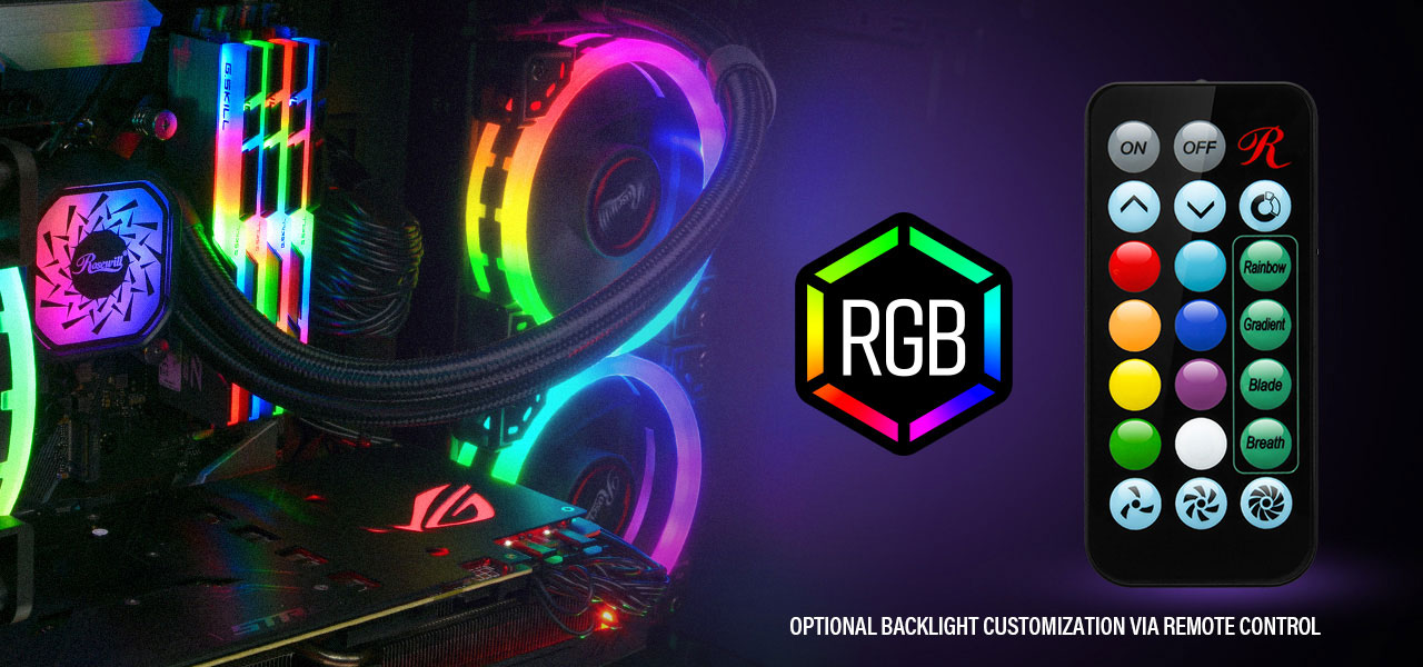 Rosewill PB240-RGB lit up on a fully stocked motherboard that has RGB-lit G.Skill memory and a red-lit ASUS graphics card