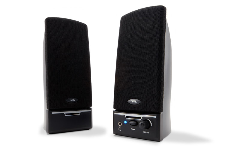 Cyber Acoustics 2.0 Powered Speaker System facing slightly towards each other
