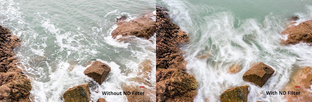   Comparison of sea & rock scenery between with and without ND filter 