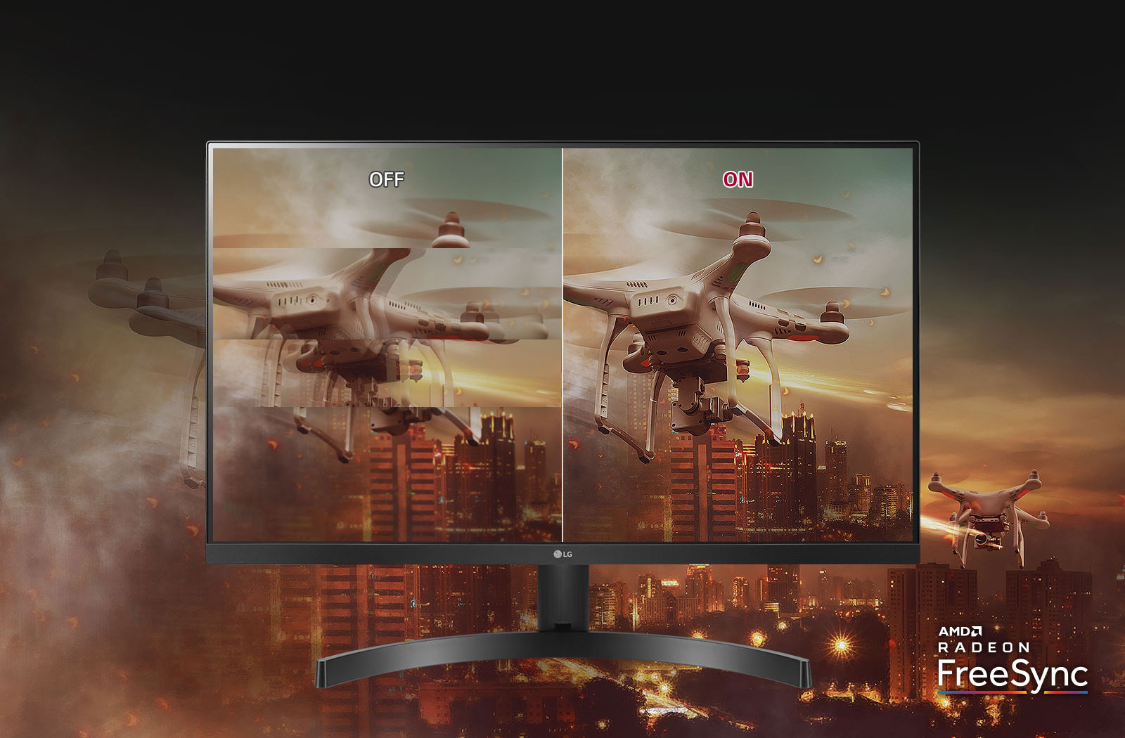 LG 22MK600M-B monitor facing forward with a split image of a drone flying over a cloudy nighttime city landscape, the split in the image is to show the difference in quality of AMD Radeon FreeSync being on and off