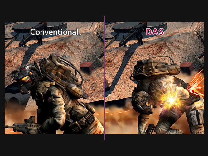 Conventional quality vs DAS showing a video-game soldier running forward and then getting shot