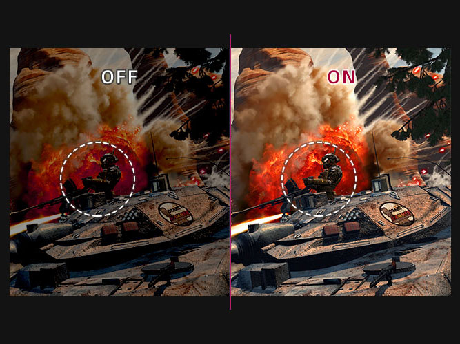 Comparison image of black stabilizer off and on showing a video-game solider in a tank's gunner seat