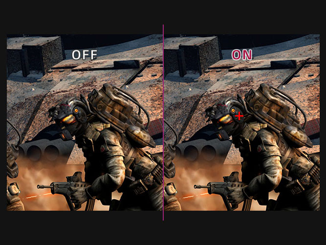 Comparison image of the crosshair feature being on or off pointed towards a running video-game soldier