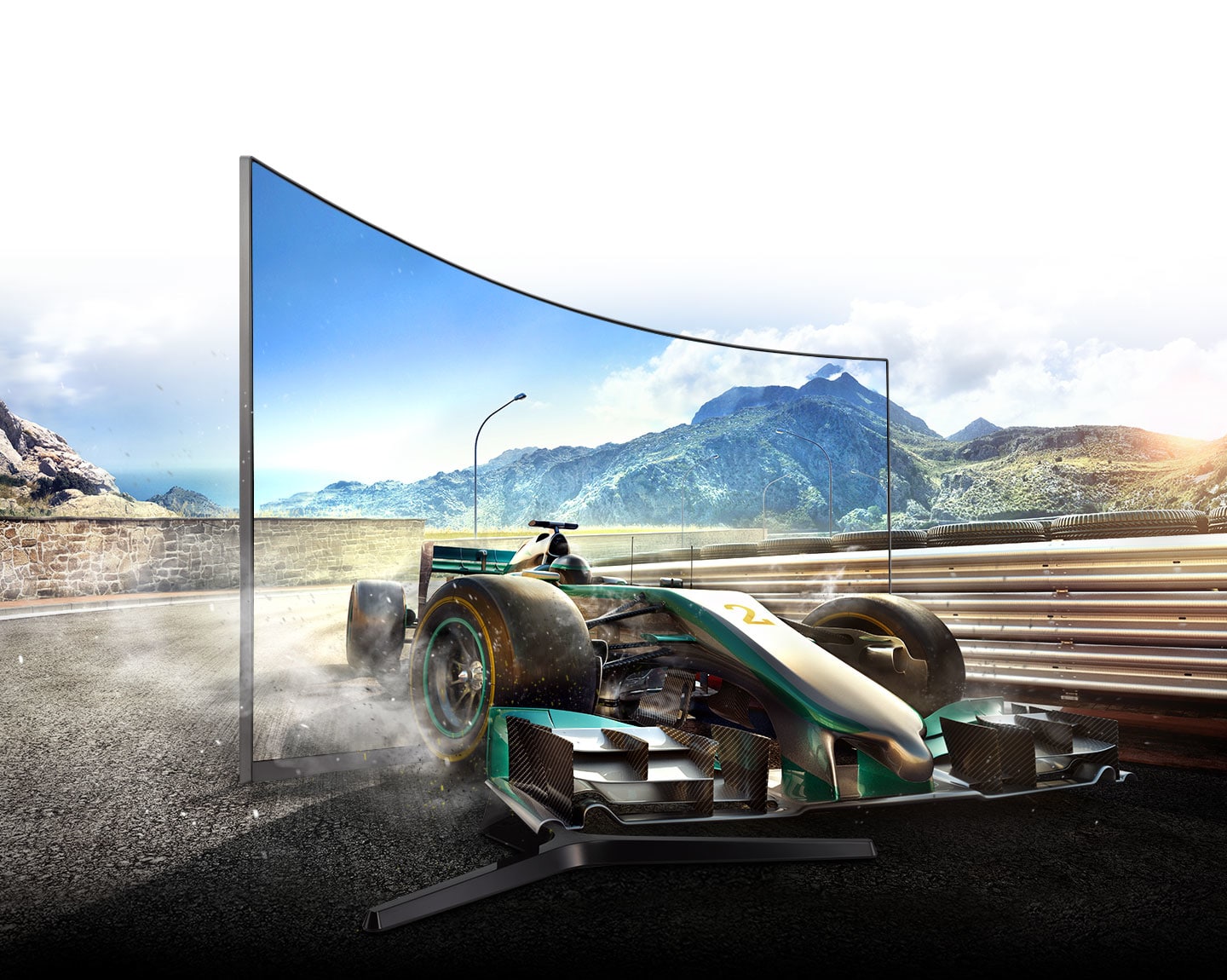 A racecar coming out of the curved monitor screen that's blending with the racetrack in mountains background