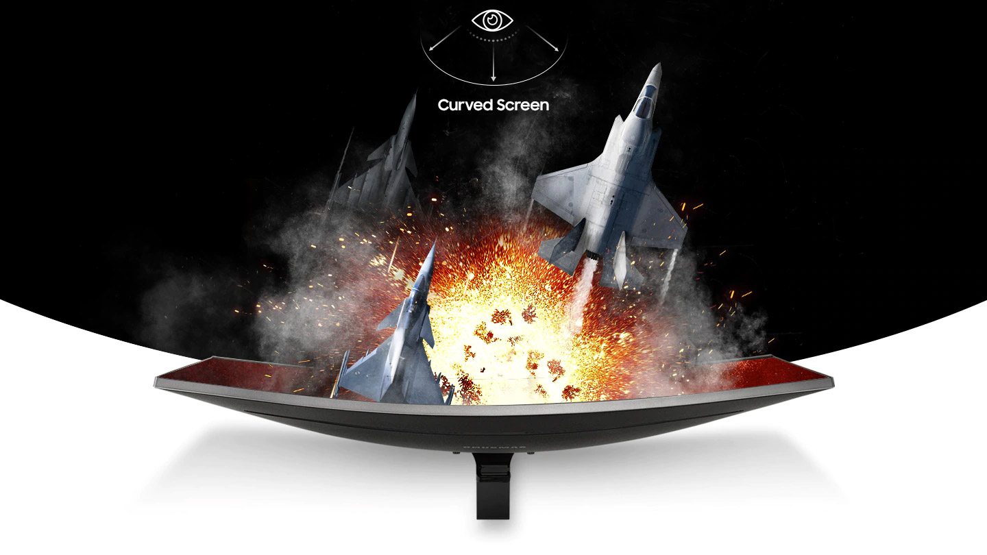 Overhead view of the curved Samsung gaming monitor with jets and explosion popping out of the screen