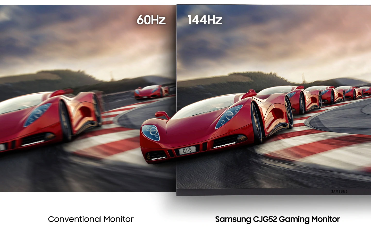 blurred 60Hz panel versus a clear 144Hz panel showing a race car zooming by on a left bend