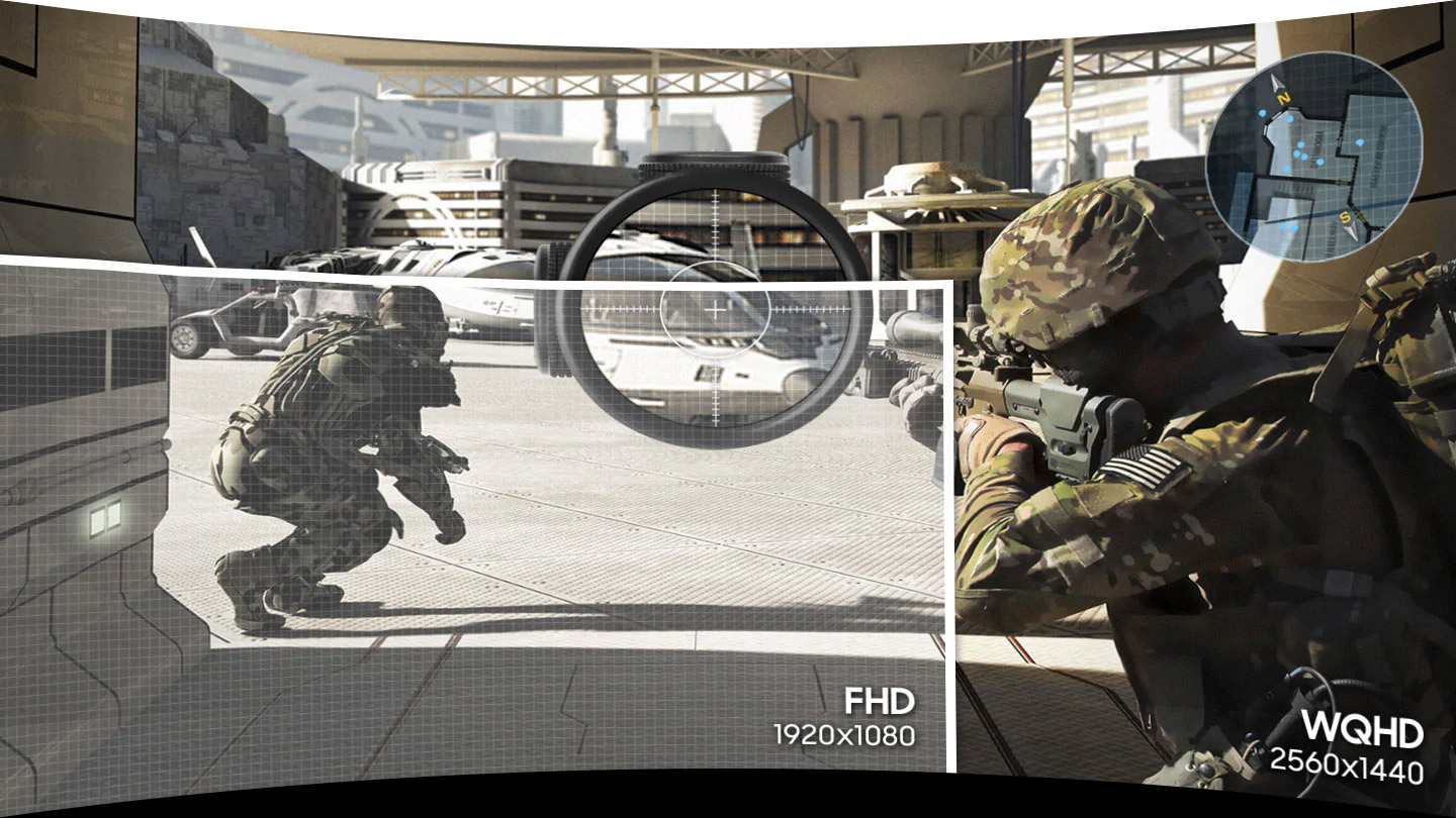 FHD 1920x1080 transparent box within a 2K 2560x1440 WQHD image showing two military operatives outside a complex