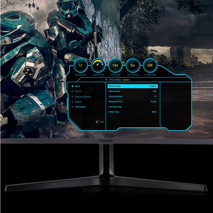 Samsung monitor with a game screenshot and the OSD dashboard window open