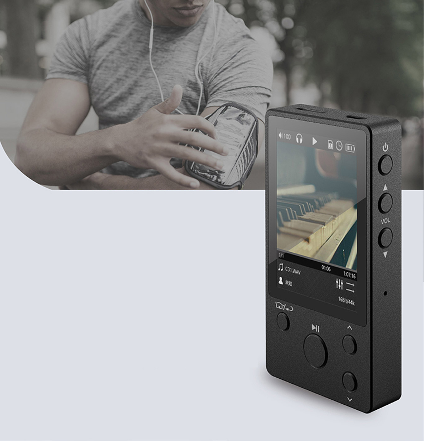 NANO D3 standing up with a man in workout clothes with the device strapped to his left arm