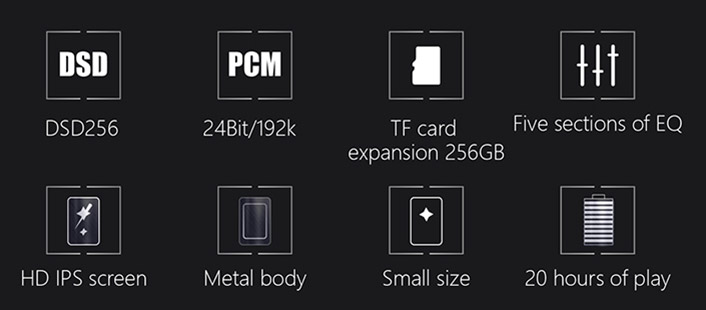 NANO D3 feature icons for DSD256, 24bit/192k, TF card expansion 256GB, Five sections of EQ, HD IPS screen, metal body, small size and 20 hours of play