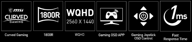 cruved icon, 1800R icon, WQHD icon, 1ms icon, gaming OSD app icon, joystick OSD icon