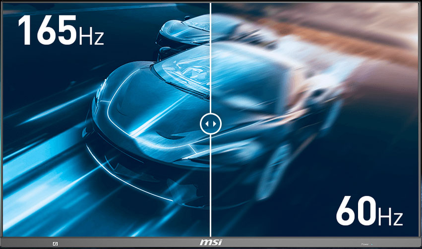 one racing car image splited into two, showing different effect between 165hz and 60hz