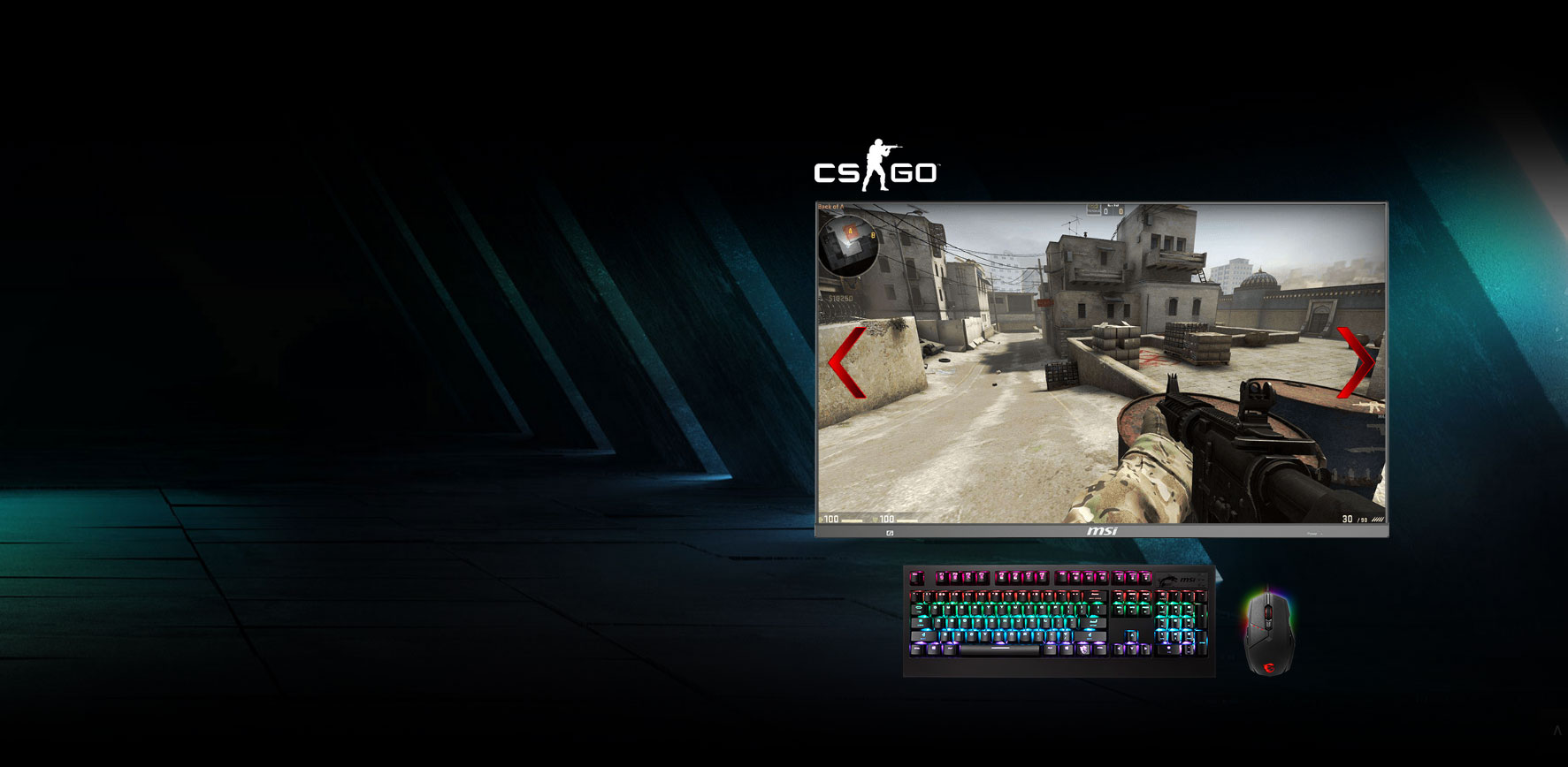 monitor with screenshot of a shooting game and keyboard and mouse