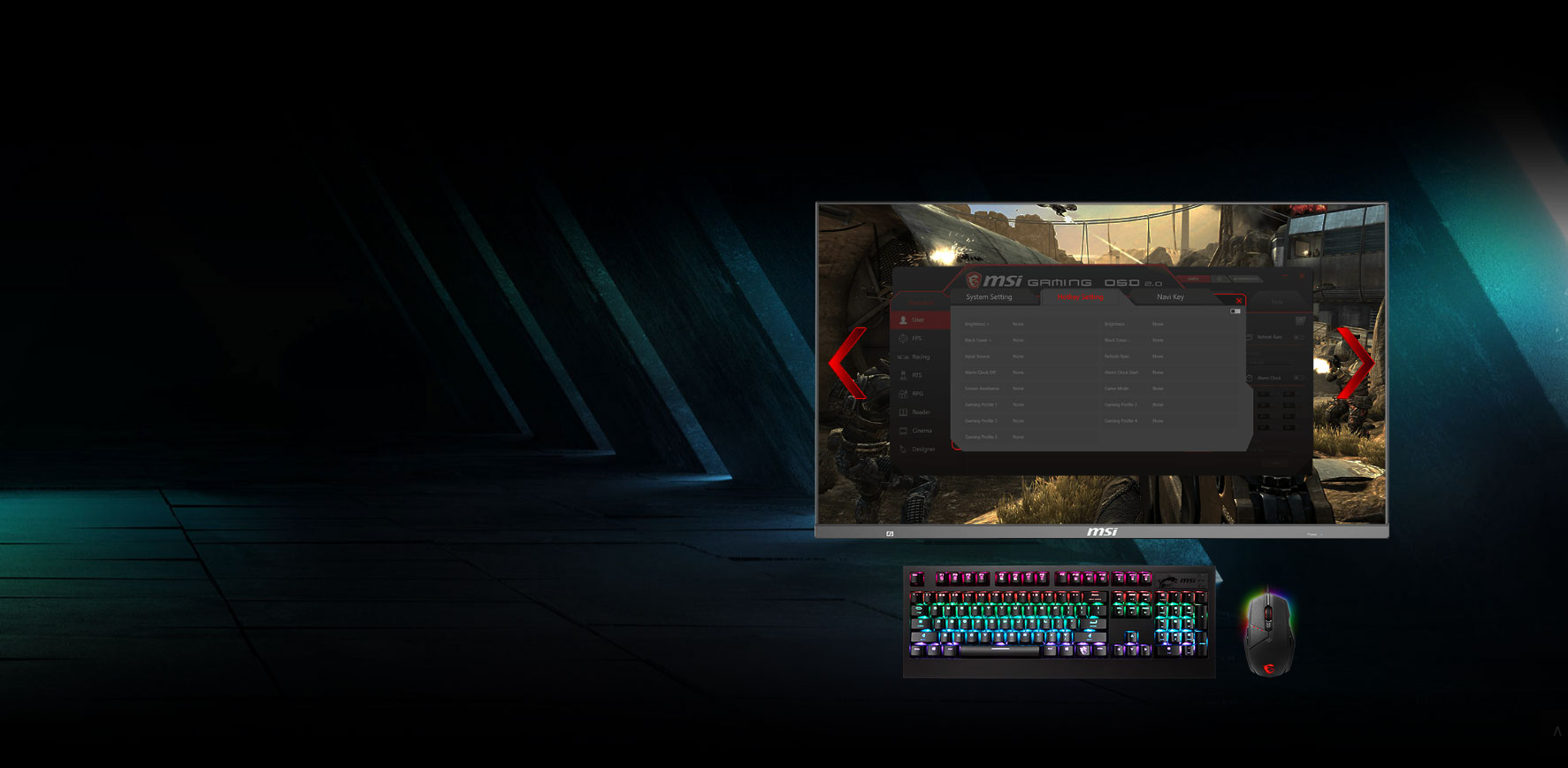 monitor with screenshot of gaming OSD and keyboard and mouse