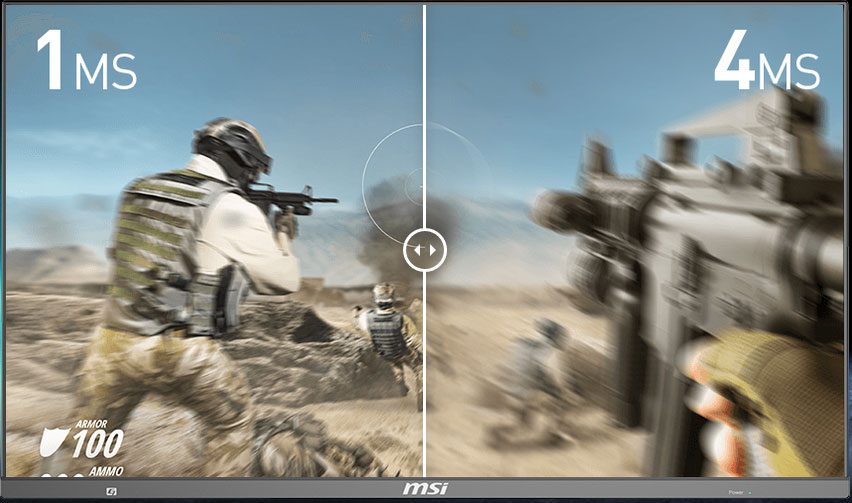 one shooting game image ssplited into two, showing different effect of 1ms and 4ms