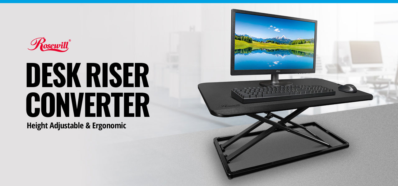 with a computer on the Desk Riser Monitor Stand on the left and on the right is the name of DESK RISER CONVERTER 
