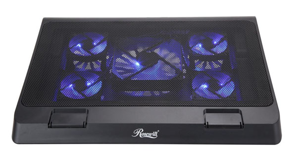 A laptop cooler with all its fans emitting blue light.