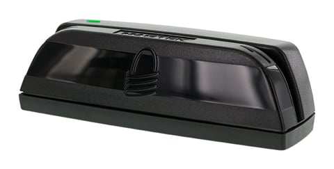 Dynamag USB Swipe Card Reader Angled to the Left with a green light on