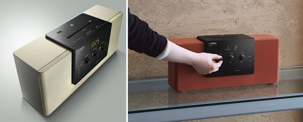 TSX-B141 Desktop Audio System CHAMPAGNE GOLD side view and TSX-B141 Desktop Audio System CHAMPAGNE BRICK facing forward