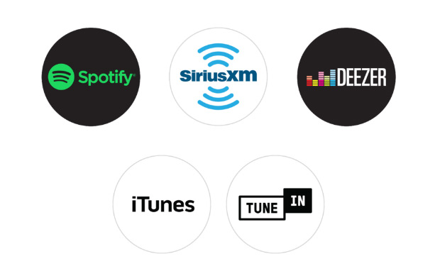 Icons for: Spotify, Sirius XM, Deezer, iTunes and Tune In