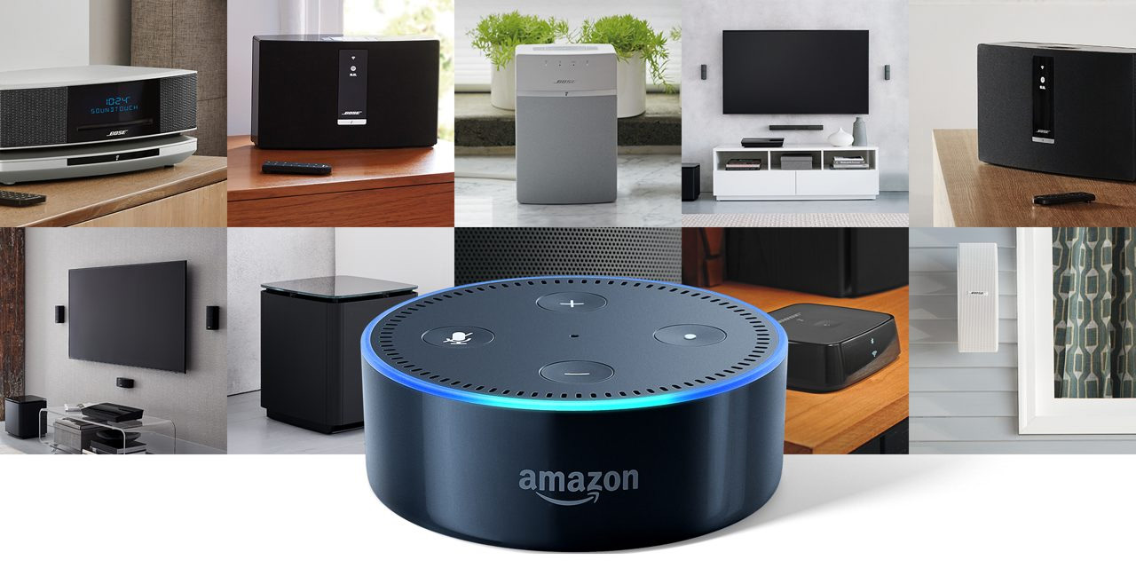 An amazon echo device in front of various bose products found within different home settings